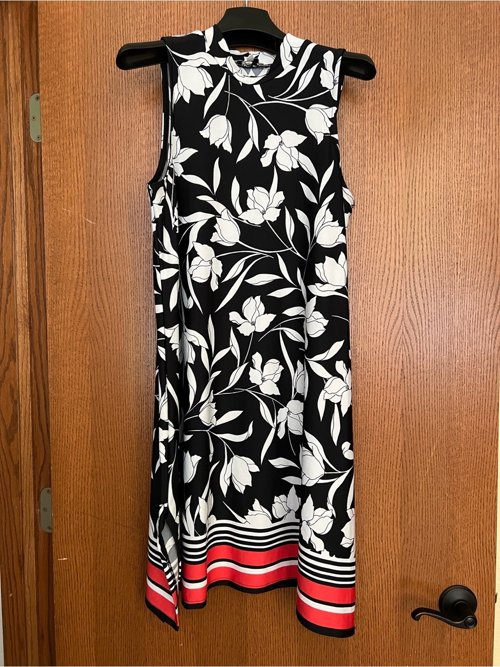 Sleeveless Black Floral Shift Dress with Coral Stripe Hem